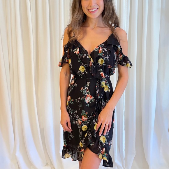Black Floral Wrap Dress with Spaghetti straps - Picture 1 of 4